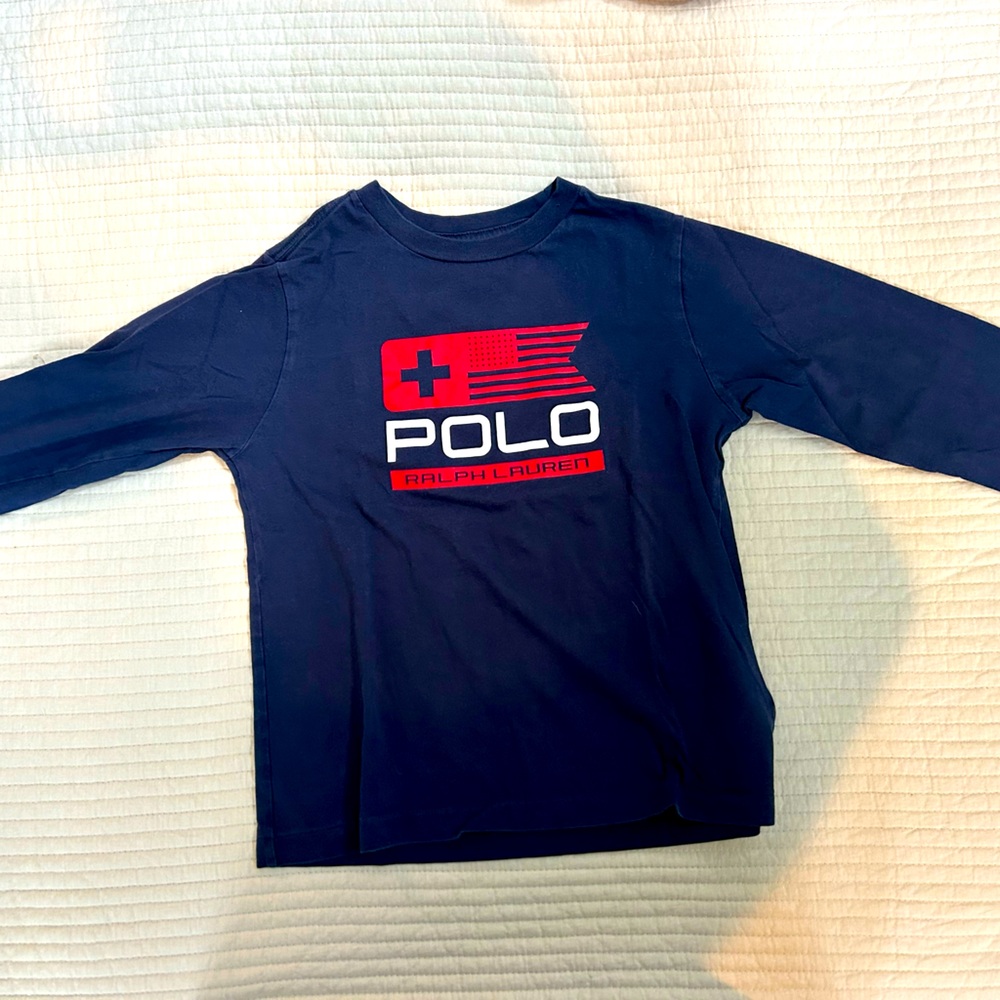 Ralph Lauren Red Tshirt Boys Size 5 Long Sleeve Patriotic Flag